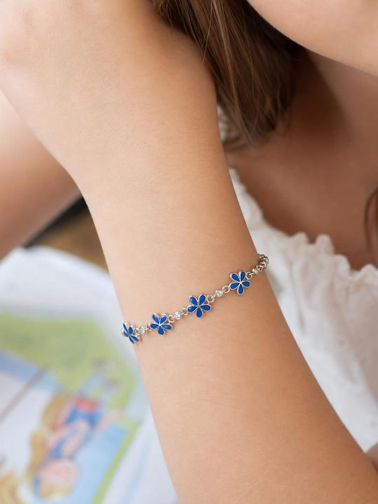 Brățară Pentru Femei Și Copii Din Argint 925 Jolie Cu Model De Floare Din Argint, Email Albastru, Pietre De Zircon, Lungime 21 Cm, 4,6 G, Culoare Argintie