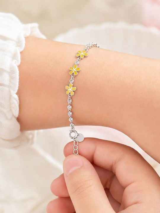 Brățară pentru Copii Din Argint 925 Jolie Model Cu Floare Din Email Galben și Pietre de Zircon Lungime 21 Cm 4,6 G Argint