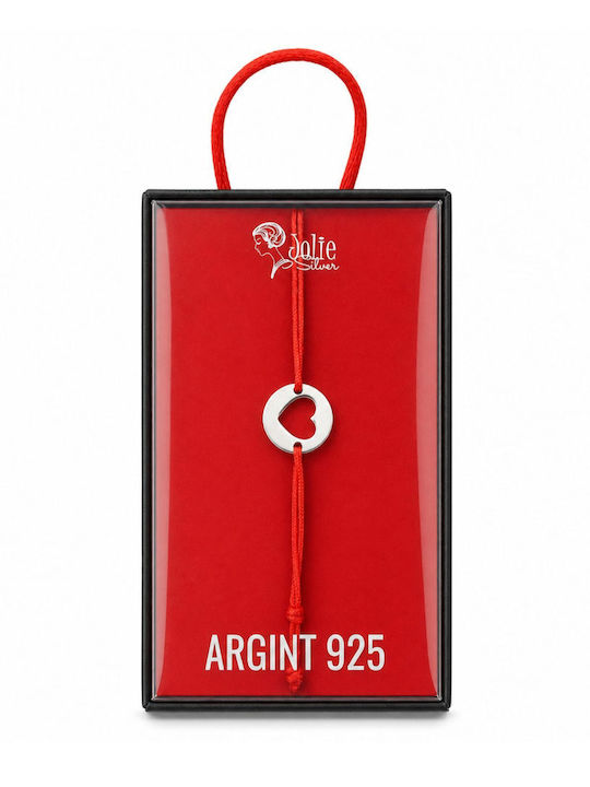 Brățară pentru femei din argint 925 Jolie cu design decupat în formă de inimă, mărțișor de 1 Martie cu pandantiv din argint și șnur roșu