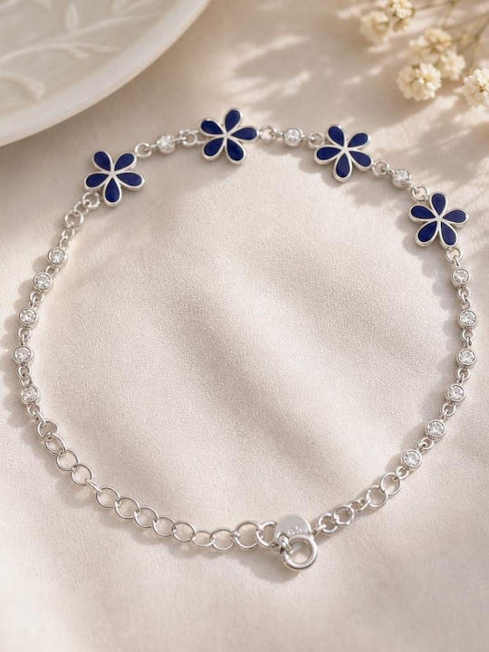 Brățară Pentru Copii Din Argint 925 Jolie Cu Model Cu Floare Din Argint, Email Albastru Marin, Pietre De Zircon, Lungime 21 Cm, 4,6 G, Argint
