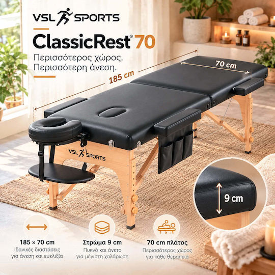VSL Sports ClassicRest Pat de Fizioterapie Portabil/Pliabil Negru din Lemn 185x70 cm