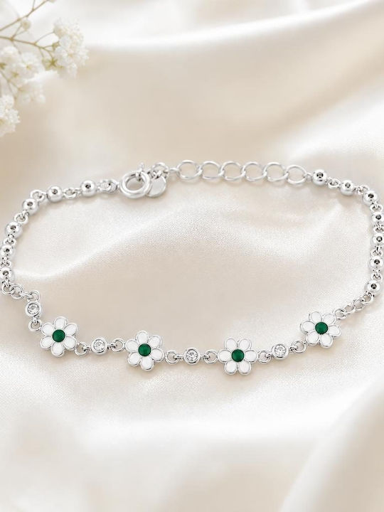 Brățară Pentru Copii Jolie Din Argint 925 Cu Floare Emailată, Model Cu Zirconiu, 21 Cm/4,5 G, Argintiu-Verde