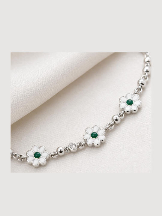 Brățară Pentru Copii Jolie Din Argint 925 Cu Floare Emailată, Model Cu Zirconiu, 21 Cm/4,5 G, Argintiu-Verde