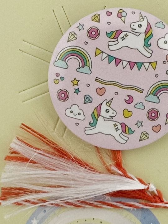 Insignă pentru copii Mărțișor Jolie, Material Metalic, Ambalaj din Carton, Model Petrecere cu Unicorn, Roz Deschis