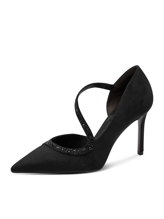 Black Leather Pointed-Toe Pumps with Strap & Thin Mid Heel