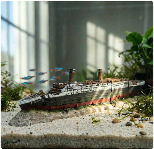 Decor pentru acvariu în formă de epavă a Titanicului Relaxdays, Antracit, Roșu și Gri, 20 x 10 x 15 cm