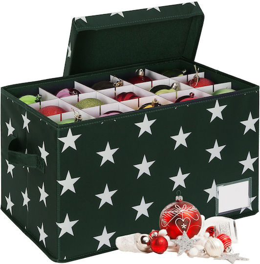 Relaxdays Christmas Bauble Storage Box 10052312_53 30 Baubles Adjustable Dividers Handle Lid Polyester Cardboard Plastic Dark Green White Stars 26.5 X 42.5 X 26 Cm