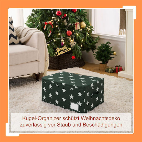 Relaxdays Christmas Bauble Storage Box 10052312_53 30 Baubles Adjustable Dividers Handle Lid Polyester Cardboard Plastic Dark Green White Stars 26.5 X 42.5 X 26 Cm