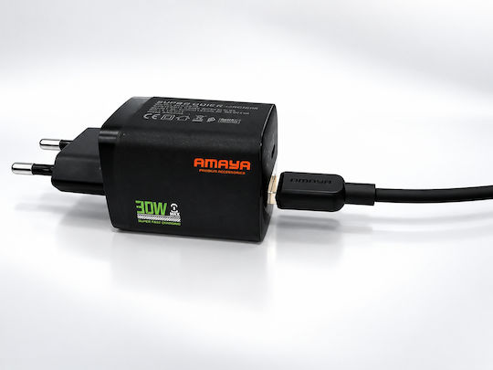 Amaya Зарядно устройство с USB-A порт и USB-C порт и USB-C кабел 30 W Черен (ACW-E81S)