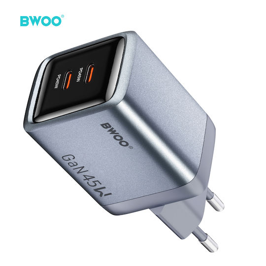 BWOO Încărcător Fără Cablu GaN cu 2 Porturi USB-C 45W Power Delivery Gri Închis (BO-CDA239)