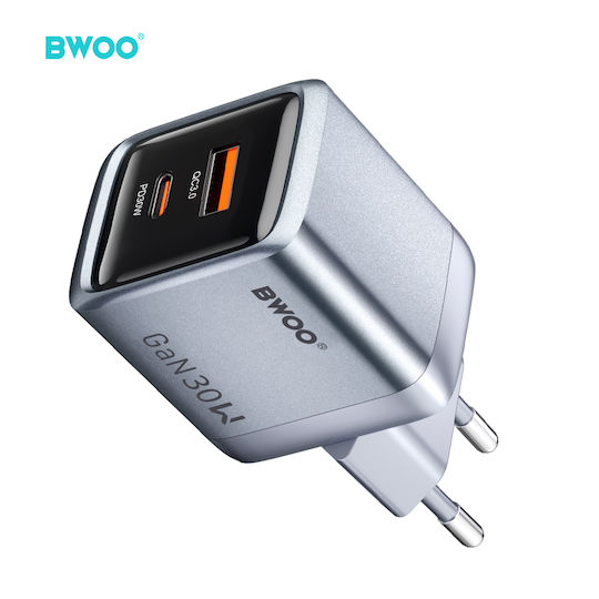 BWOO Încărcător Fără Cablu cu Port USB-A și Port USB-C 30W Power Delivery Gri (BO-CDA237)
