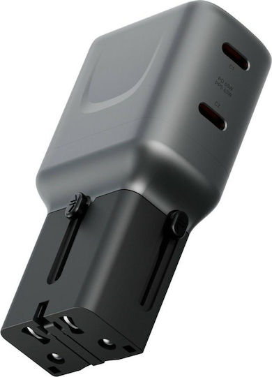 Energea Зарядно устройство с вграден GaN кабел с 2 USB-C порта 65W Power Delivery Gunmetal (Travelgo)