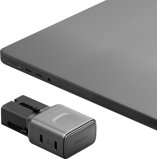 Energea Зарядно устройство с вграден GaN кабел с 2 USB-C порта 65W Power Delivery Gunmetal (Travelgo)