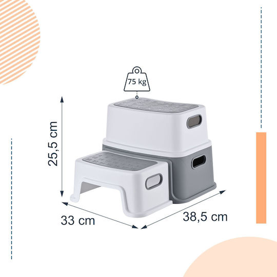 Taburet cu 2 Trepte pentru Copii Relaxdays Gri și Alb 25,5 × 33 × 38,5 Cm