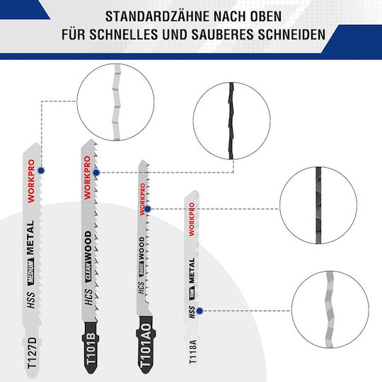Stichsägeblatt-Set Workpro T-Schaft 25-teilig für Holz Metall & Kunststoff mit Kunststoffkassette W124142a