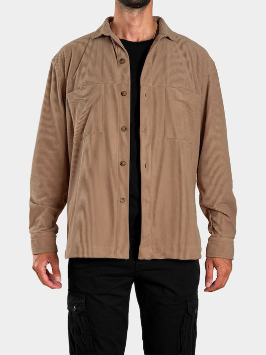 Overshirt din Catifea Raiată cu Mânecă Lungă Bej