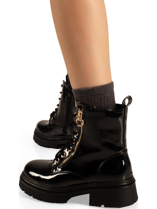 Damen-Kampfstiefel aus schwarzem Lackleder