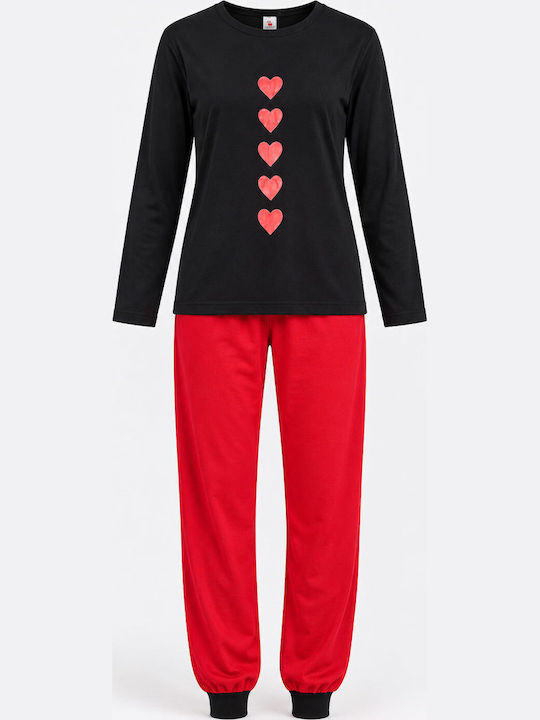 Cherry Winterliches Damen-Pyjama-Set aus Baumwolle Schwarz
