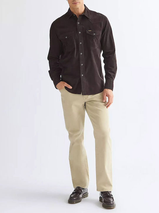 Long Sleeve Corduroy Shirt in Regular Fit Darkbrown