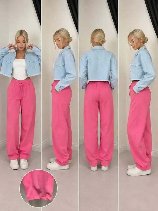 Damenhose mit hohem Bund aus Rippstoff mit Gummizug in lockerer Passform Rosa