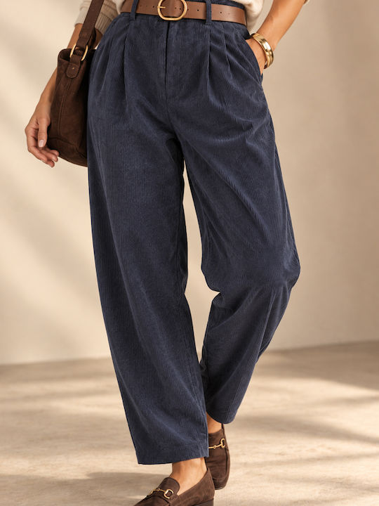 Women's High-Waisted Blue Corduroy Trousers with Elastic Waist and Slim Fit