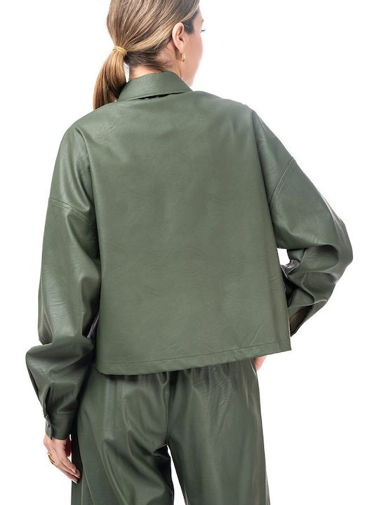 Moutaki Long Sleeve Women's Leather Shirt Khaki