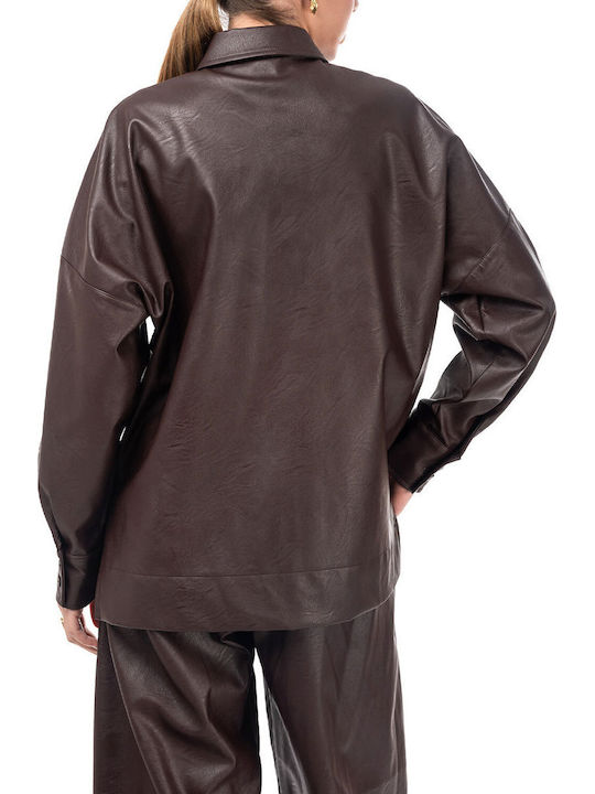 Moutaki Long Sleeve Women's Leather Shirt Brown