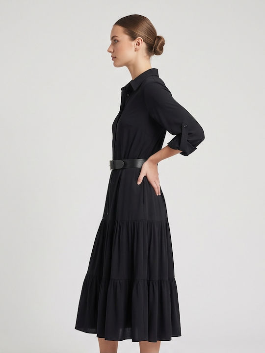 Rochie Midi Cămașă din Piele Neagră
