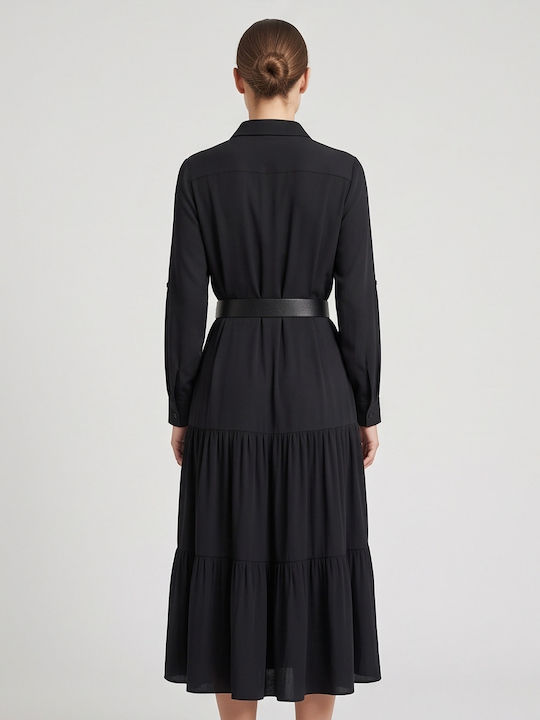 Rochie Midi Cămașă din Piele Neagră