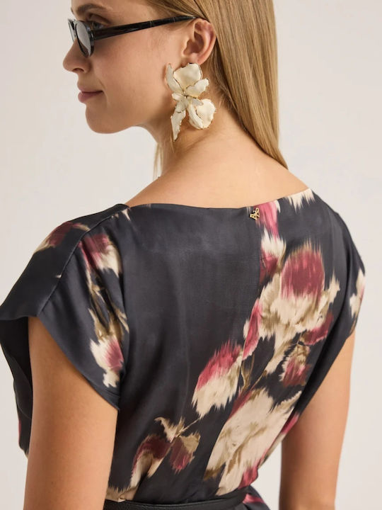 Women's Satin Short Sleeve Floral Blouse Burgundy