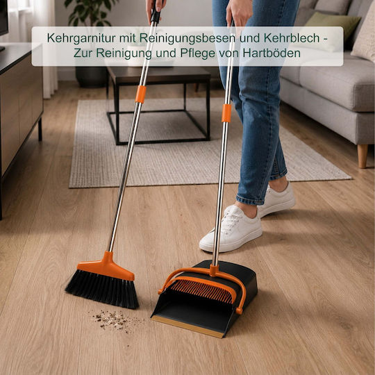 Relaxdays Broom Dustpan Set 10053707 Adjustable Modular Handle 124 Cm Plastic Stainless Steel Integrated Cleaning Brush Black Orange