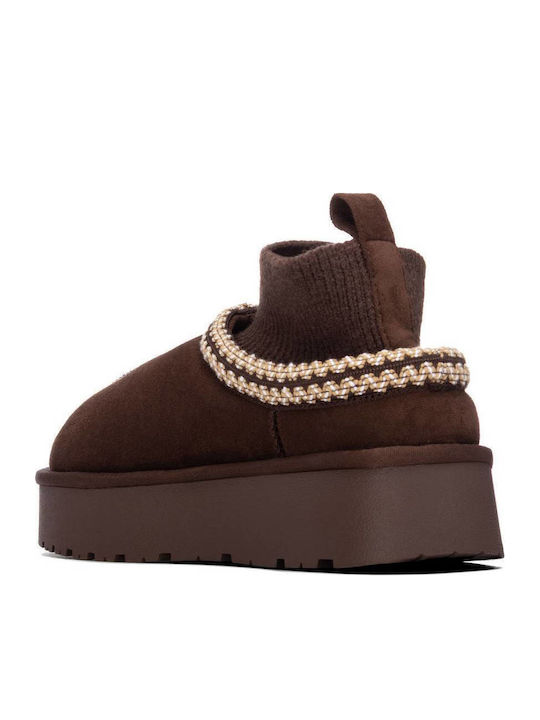 Suede Γυναικεία Μποτάκια με Πλατφόρμα Καφέ
