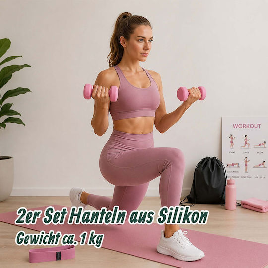 Set Pilates Relaxdays 10054390_52, 11 piese, cerc Pilates Ø38 cm, minge de 23 cm, 5 benzi scurte de rezistență de 35 × 8 cm, bandă lungă de rezistență de 150 × 15 cm, 2 gantere de 1 kg, geantă de transport, pompă, roz