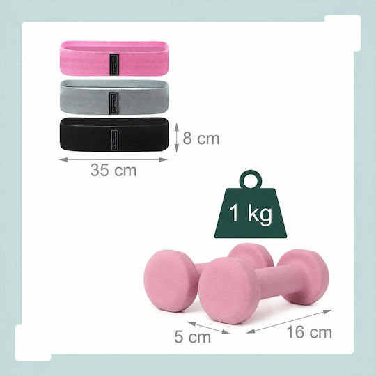 Set Pilates Relaxdays 10054390_52, 11 piese, cerc Pilates Ø38 cm, minge de 23 cm, 5 benzi scurte de rezistență de 35 × 8 cm, bandă lungă de rezistență de 150 × 15 cm, 2 gantere de 1 kg, geantă de transport, pompă, roz