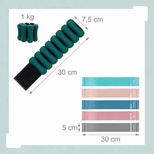 Set Pilates Relaxdays 10054389_53 13 Piese Cerc Pilates Ø38 Cm Minge Ø23 Cm 5 Benzi Scurte 30x5 Cm Bandă Lungă 150x15 Cm 2 Manșete cu Greutăți pentru Încheieturi și Glezne 1 Kg Pompă Ruletă Geantă Verde Mentă