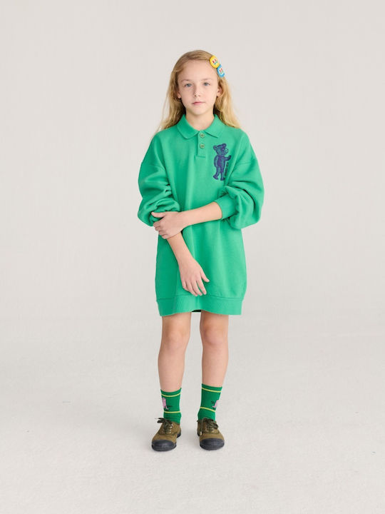 Rochie Verde pentru Copii din Bumbac, cu Mâneci Lungi