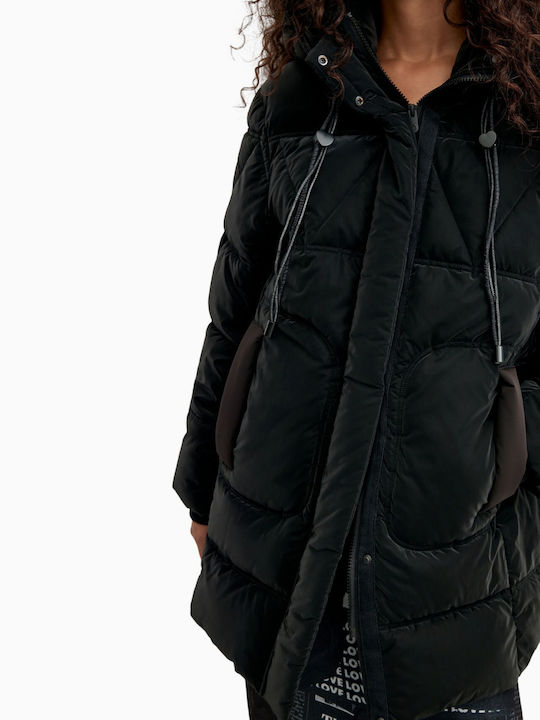 Geacă Puffer Lungă de Damă pentru Iarnă Neagră