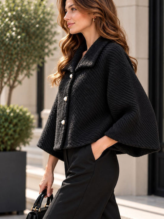 Damen-Halbmantel Schwarz Oversized mit Knöpfen