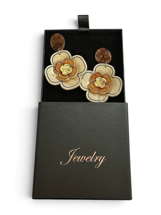 Women's Earrings Gold-Tone Marble Flower Pattern Stones Handmade Product Beige Brown Gold Women 7.5 Cm Ssn202