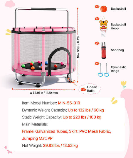 Vevor Kids Trampoline, 142 cm Diameter, with Safety Net, Pink