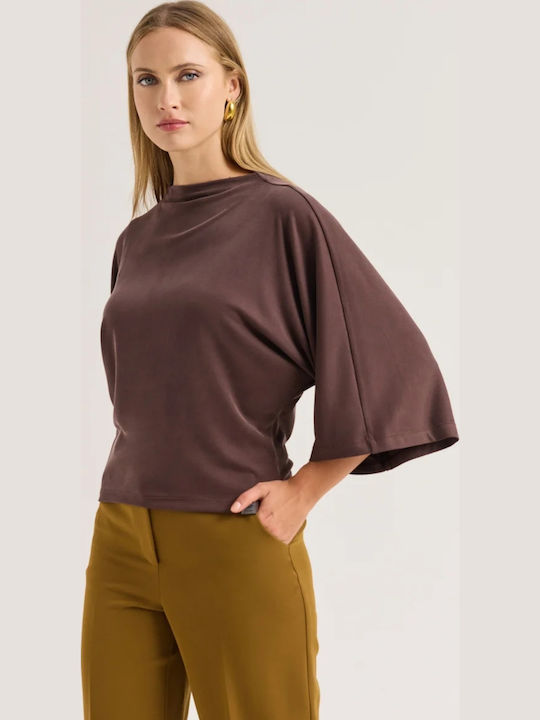 Damenbluse mit 3/4-Ärmeln, Gestreift, Espresso