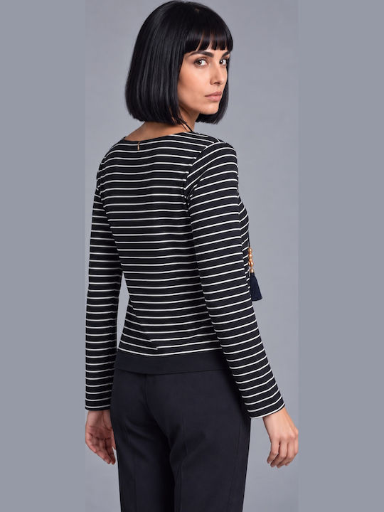 Women's Long Sleeve Striped Black Blouse