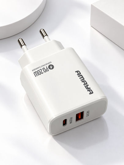 Amaya Зарядно Устройство Без Кабел с USB-A Порт и USB-C Порт 20W Power Delivery Бяло (ACW-E43D)