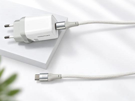 Amaya GaN Зарядно Устройство с USB-C Порт и USB-C - USB-C Кабел 20W Power Delivery Бяло (ACW-E280S-CC)