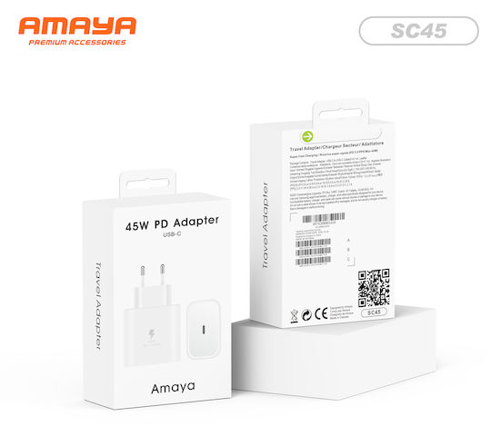 Amaya Зарядно устройство с USB-C порт и Кабел USB-C - USB-C 45W Power Delivery Бяло (SC45)