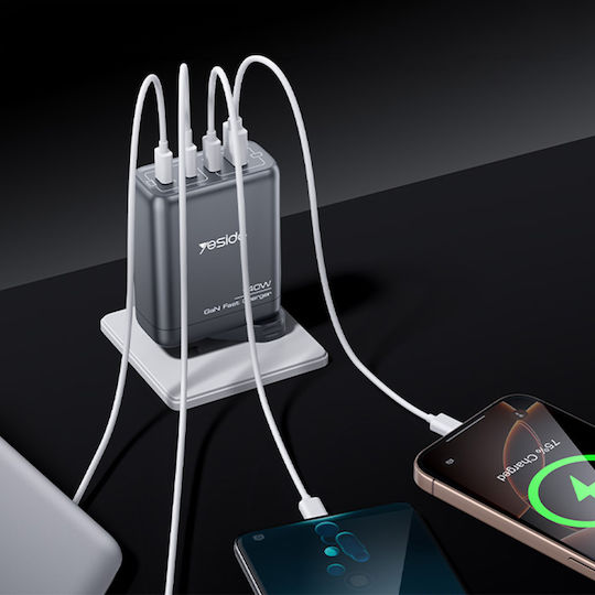 Yesido GaN-Ladegerät Ohne Kabel mit USB-A-Anschluss und 3 USB-C-Anschlüssen 140 W Power Delivery Schwarz (YC143)