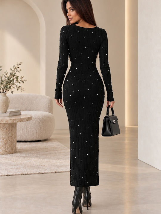 Rochie Maxi Tricotată cu Mâneci Lungi Neagră