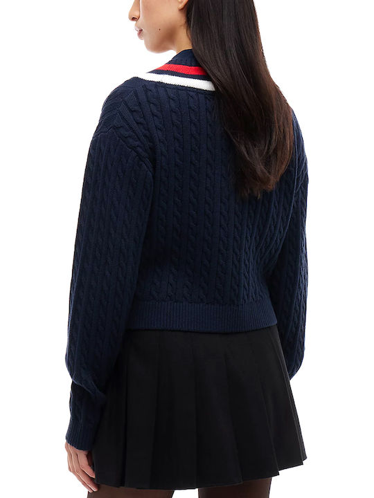 Tommy Hilfiger Pulover Damă Din Bumbac Cu Mâneci Lungi, Decolteu în V, Cu Dungi, Roșu-Alb-Albastru