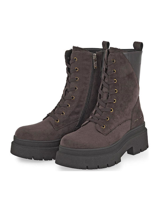 Braune Damen-Wildleder-Kampfstiefeletten mit mittelhohem Absatz