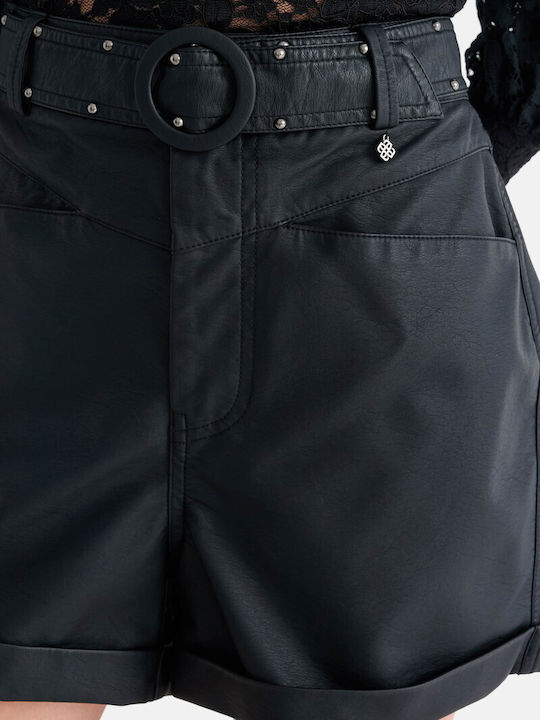 Pantaloni Scurți de Damă din Piele cu Talie Înaltă Negri